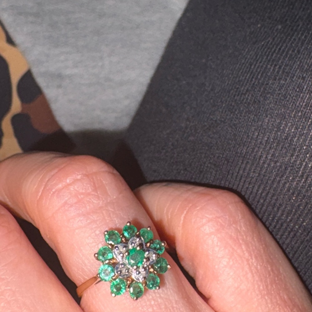 Emerald Cluster Cocktail Ring 14k yellow gold  - Green Gemstone Floral Design